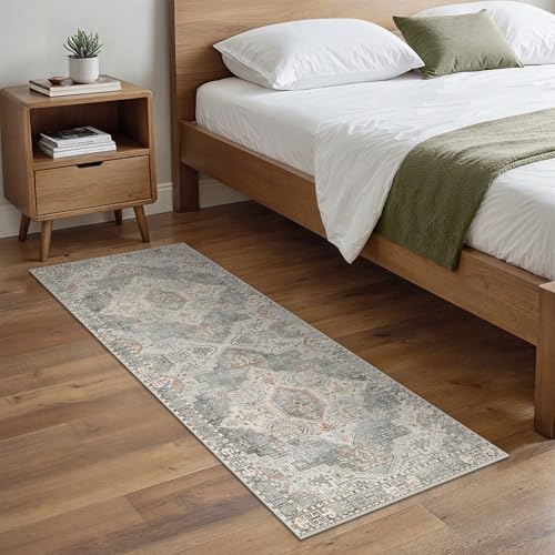 BEIMO Alfombra Salon Pelo Corto Vintage, Alfombra Dormitorio, Alfombras Estivales de Salon Antideslizantes Lavables, Alfombras Persas para Pasillo, Gris, 80x200cm