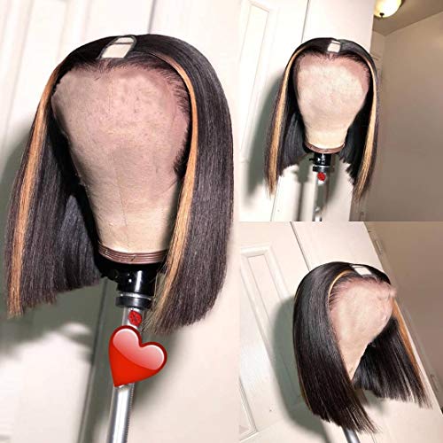 U Part Wigs Brazilian Virgin Human Hair Pre Plucked Hair Line for Black Women Highlight Straight 150% Density with Baby Hair (14 inch, 150% density lace front wig)