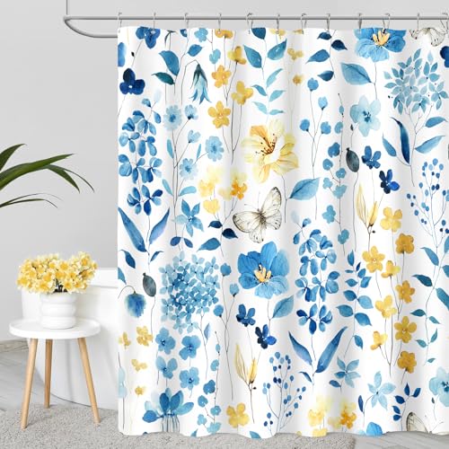 MAYZUS Blue Yellow Floral Shower Curtain, Cute Flower Fabric Shower Curtains for Bathroom, Watercolor Wildflower Butterfly Cloth Shower Curtain Set with Hooks, 72x72