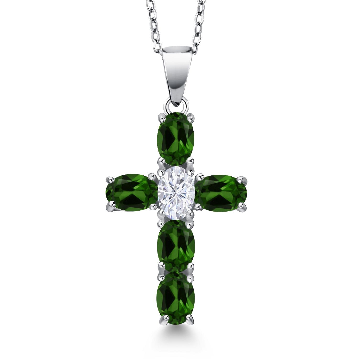 925 Sterling Silver Green Chrome Diopside and White Moissanite Cross Pendant Necklace for Women | 3.25 Cttw | Gemstone Birthstone | Oval 6X4MM | With 18 Inch Chain