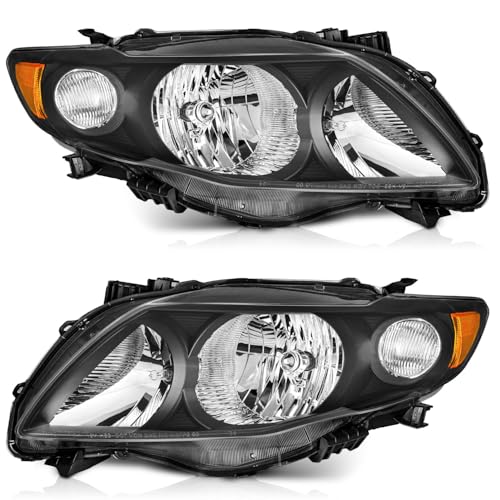 WEELMOTO Headlights for 2009-2010 Corolla Headlamp Replacement compatible with 09 10 Corolla Black Housing Clear Lens Amber Reflector Left+Right Side