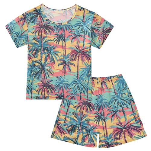 ALAZA Hawaiian Palm Leaves Blue Yellow Pajamas Short Sleeve 2 Piece Sleepwear Top and Bottom Pajama Set Unisex