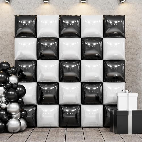 Image of Black and Pearl White Double Sided Square Foil Balloons Wall,19 Inches Chrome Foil Balloons Tunnel Arch Kit for Bachelorette,Anniversary,Wedding,Birthday Party Background Decoration