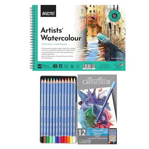 Image of Brustro Artists 25% Cotton Wiro Bound Watercolour Pad (300 GSM,A5,Cold Pressed,12 Sheets) with Cretacolor Marino Aquarelle Watercolor Pencil (Set of 12)|Ideal for Drawing,Painting,Dry and Wet