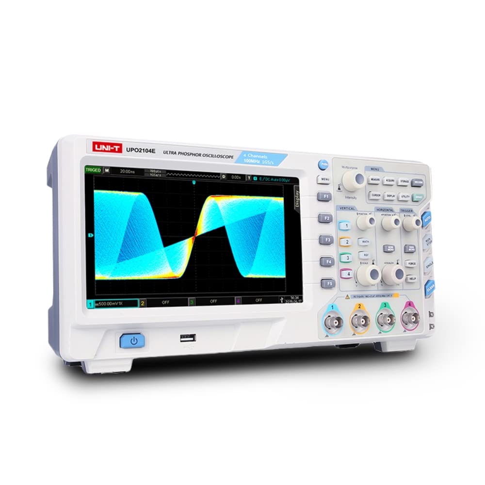 UNI-T UPO2104E - Osciloscopio digital de 4 canales, 100 MHz, 1 GSa/s, profundidad de memoria de 56 Mpts, 80000 Wfms/s, 8 pulgadas TFT LCD WVGA (800 x 480)
