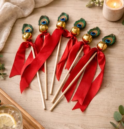 SATYAM KRAFT 6 Pcs (Red) Ghungroo Bell Sticks for Ganpati Decoration | Wedding Entry, Phera Ceremony, Mehndi, Mandap & Pooja Decor | Bride Entry & Home Decoration | 28 cm