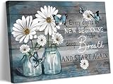 Daisy Canvas Wall Art Butterfly Wall Decor Inspirational Poster Print Flower Picture Painting Still Life Suitable for Country Farmhouse Bedroom Bathroom Rustic Wall Decoration (blue, 16x12in canvas)