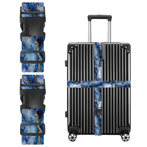 Image of Nuxovilar Luggage Straps Set for Suitcase 1.96x71in Polyester | Cargo Strap Travel Belt Security Buckle Band Luxury Trip Urban Getaway Airport (Blue Gold Marble)