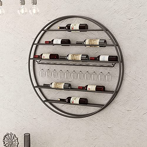 Emisoo Wall-Mounted Wine Rack Round Wine Bottle Holder ， With Hanging Goblet Glass Stemware Racks ， Black Metal Iron Storage Shelf ， Organizer Shelves For Bar Kitchen (Size : 85X10X85Cm) #TOP3