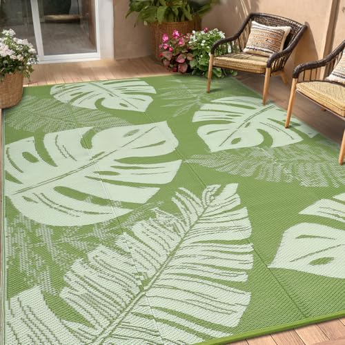Garvee Outdoor Rugs 8x10 Waterproof Reversible Mat Leaf Tropical Patio Rug with 4 Stakes and Starage Bag Portable Outdoor Straw Plastic Area Rug for Camping Porch Deck Rv Balcony Backyard Be