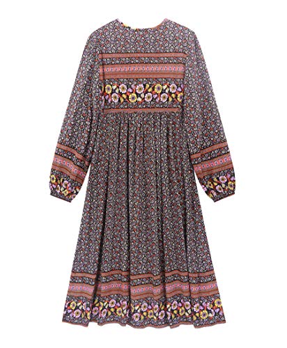 R.vivimos Women's Long Sleeve Floral Print Retro V Neck Tassel Bohemian Midi Dresses (Medium, Black#3) #TOP1