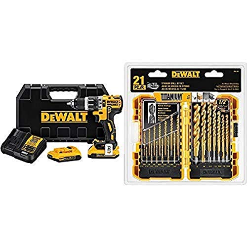 DEWALT DCD796D2 20V Max Bl Hammer Drill with DEWALT DW1361 Titanium Pilot Point Drill Bit Set, 21-Piece