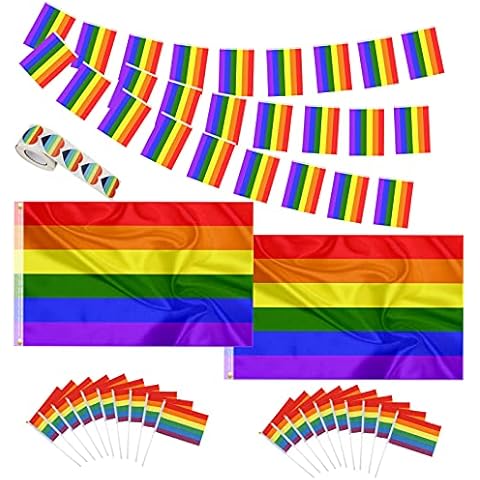 Rainbow Gay Pride Flag Decoration party Set, MicButty Rainbow Flags with LGBTQ Pride Banner Rainbow String Bunting, Rainbow stickers and Mini LGBT Hand Held Stick Flags for Pride Month Parade decor Cover