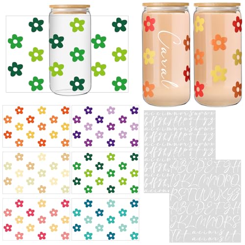 Image of Glenmal 8 Sheets UV Dtf Cup Wrap Transfer Stickers Gifts DIY Flower Daisy Personalized Letters Wrap Transfer Stickers for Women Nurse Glass Cups Bottle Wood Crafts Decals(Bright Color)