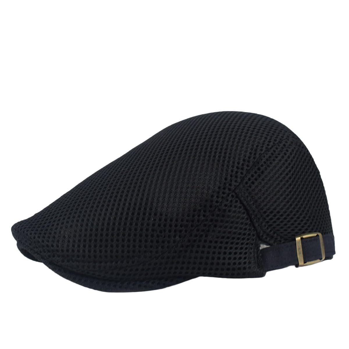 Hybursky Men's Black Mesh Flat Cap, Breathable One Size Summer Peaked Caps, Elastic-Band Sun Visor Seaside Beach Hat For Sports Fishing Golf, Adjustable Mesh Casual Duckbill Newsboy Beret For Driving Hiking Hunting