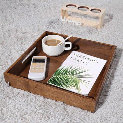 Image of Hamdan Large Serving Tray, Tray with Cutout Handles, Rectangle Butler Tray for Breakfast in Bed, Coffee Table Decor, Party (Walnut Square)