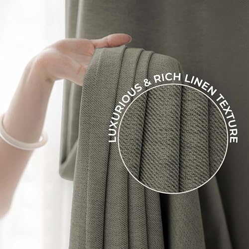 Image of LINENWALAS 100% Blackout Curtains for Window (5 Feet) - Set of 2 Panels, Rich Linen Texture Complete Light Block Heavy Panels, Thermal Insulated & Noise Reducing Room Darkening Curtains (Olive Grey)