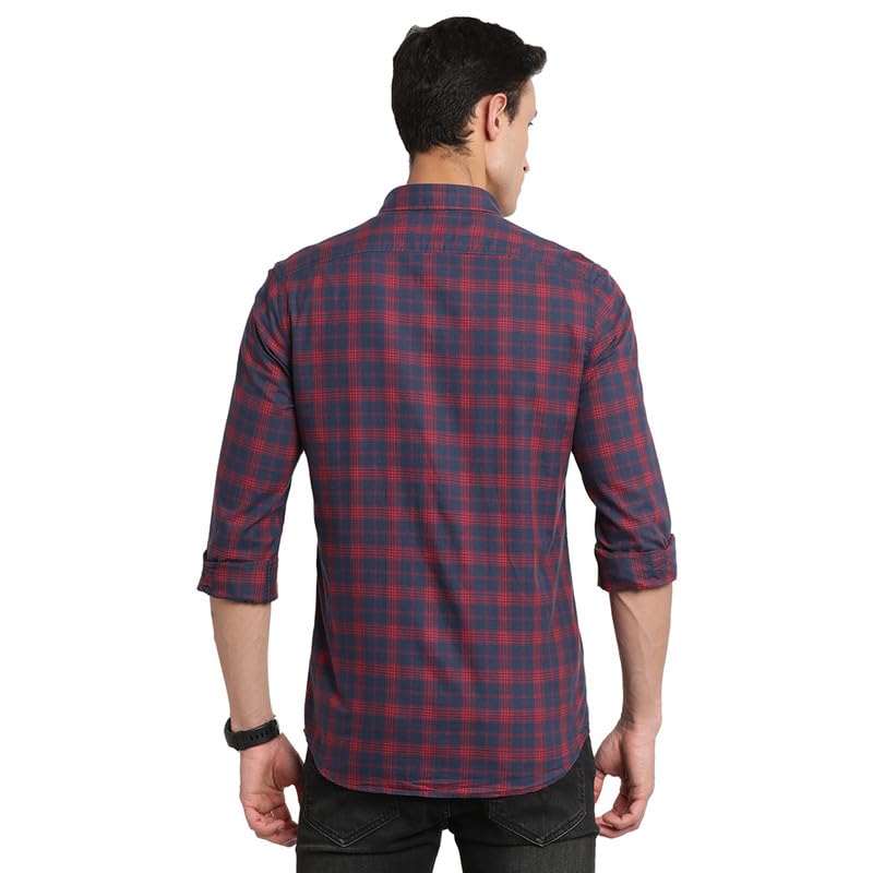 Image of Turtle Men 100% Cotton Navy Blue Checkered Slim Fit Full Sleeve Casual Shirt