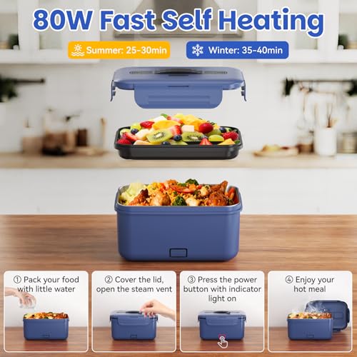 Image of Vingud Cordless Electric Lunch Box for Adults, 1.8L Rechargeable Heated Lunch Box Food Warmer, Portable Self Heating for Men /Women /Office /Car, Lonchera Electrica Portatil Battery Powered Father's Gift