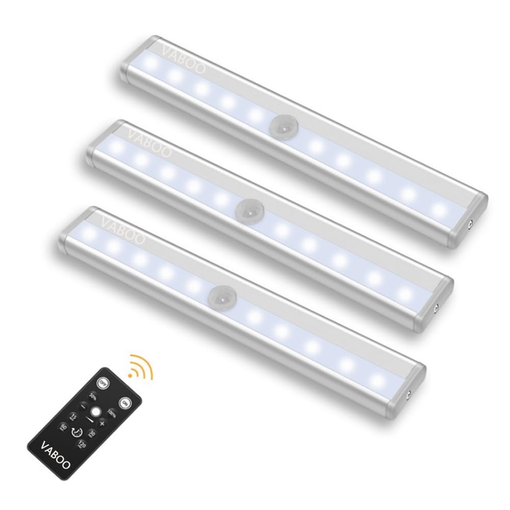 VABOO Under Cupboard Lights, 10 LED Under Cabinet Lights with Remote Control, Battery Powered LED Closet Light Wardrobe Kitchen Light, Stick-on Light, for Closet, Stairs, 3 Pack, White