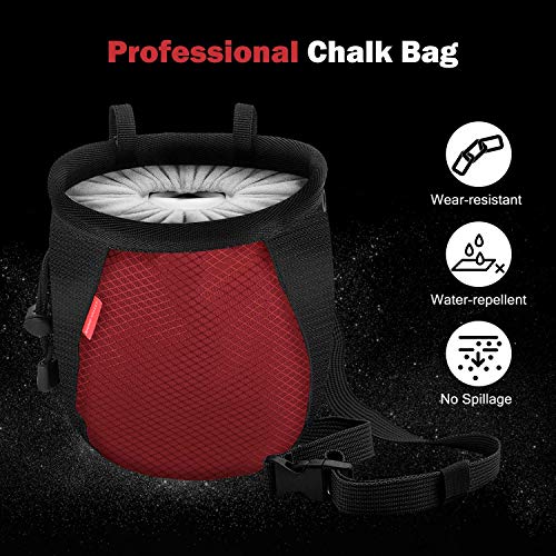 Rhino Valley Chalk Bag，No Leak Rock Climbing Strawstring Bag Drawstring Magnesia Sack With Adjustable Belt Carabiner For Gymnastics, Rock Climbing, Bouldering, Weight-Lifting, Crossfit - Black & Red #TOP1