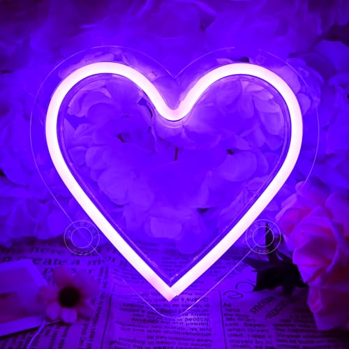 Image of SYLHOME Purple Heart Led Neon Light Sign Battery Operated or USB Powered Bedroom Wedding Wall Sign Decor Valentines Day Christmas Birthday Gifts USB 7.87 inch X 7.28 inch