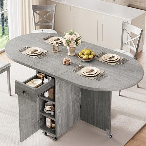 Jocoevol Round Folding Dining Table for 4, Space Saving Drop Leaf Kitchen Table with Storage Drawer, 6 Wheels Oval Gateleg Foldable Dining Table for Small Spaces (Grey, 47' x 23.6' x 30')