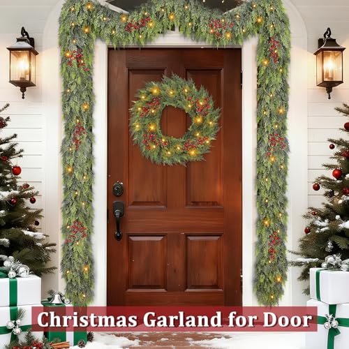 Timer & 50 LED - 9 Ft by 12 Inch Prelit Christmas Garland with Lights, Lighted Christmas Cedar Garland Realistic Soft Thickness Cypress Garlands Xmas Fireplace Mantle Table Doorframe Indoor Outdoor by TURNMEON - Image 7