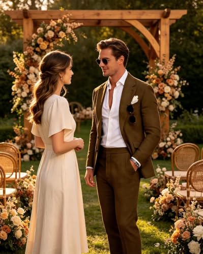 Image of Men's Linen Suit 2 Piece Slim Fit Summer Beach Wedding Prom Party | Breathable,Linen Blazer Suit Set,for Beach Weddings,Groom Wear,Prom and Outdoor Parties,Business Casual,Vacation Daily Wear