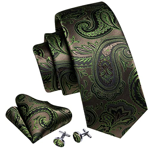 Corbata Verde Paisley con Set de Cubrebotones para Hombre