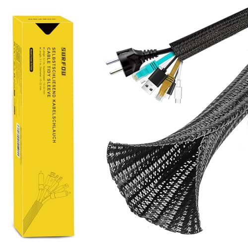 SURFOU Cache Cable 3.1m X 13mm, Gaine Tressée Noir Rangement, Protection Fil Electrique, Range Cache Câble Protege Cables Fils Gaines Souple Fendue Câbles...