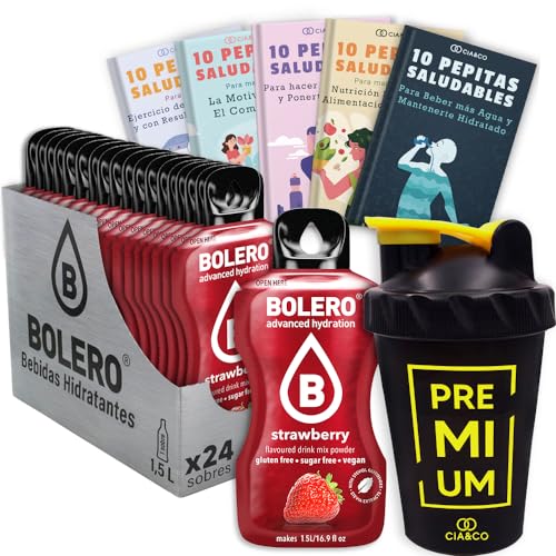 24 x Bebida Bolero FRESA Hidratante Sin Azucar (24x9 grs) + 50 Pepitas Saludables para una vida más sana by Cia&Co + 1 Botella mezcladora shaker exclusiva Cia&Co (500 ml)