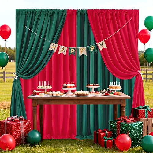 Image of Green Backdrop Curtains 10ft x 10ft Polyester Photo Red Backdrop Drapes for Birthday Party Stage Wedding Window Decorations