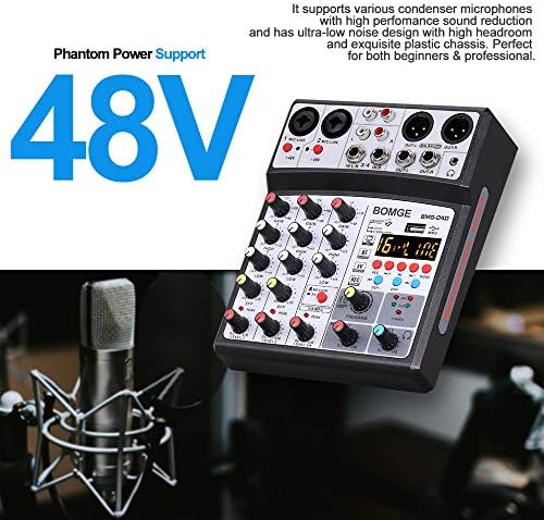 BOMGE 4 channel 16 DSP Echo dj audio sound mixer interface mixing console karaoke with MP3 USB Bluetooth, stereo record, 48V phantom power (04D-Balck)