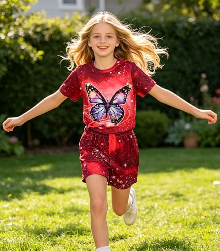 Image of 9-16Y Tween Girl Clothes 2 Piece Short Sleeve Heart Print Top and Shorts Teen Girl Summer Outfits Short Set