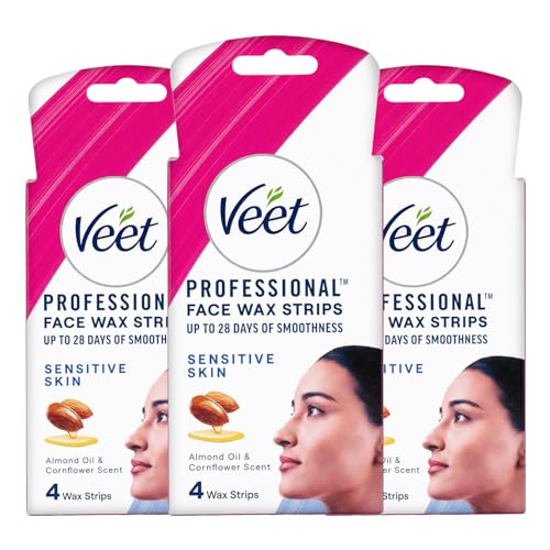 Image of Veet Face Wax Strips for Sensitive Skin (4 strips + 1 post finish wipe) (Pack of 3) | Painless, Quick & Gentle Facial Hair Removal | Ready to Use for Upper Lip, Eyebrows, Chin, Sidelocks