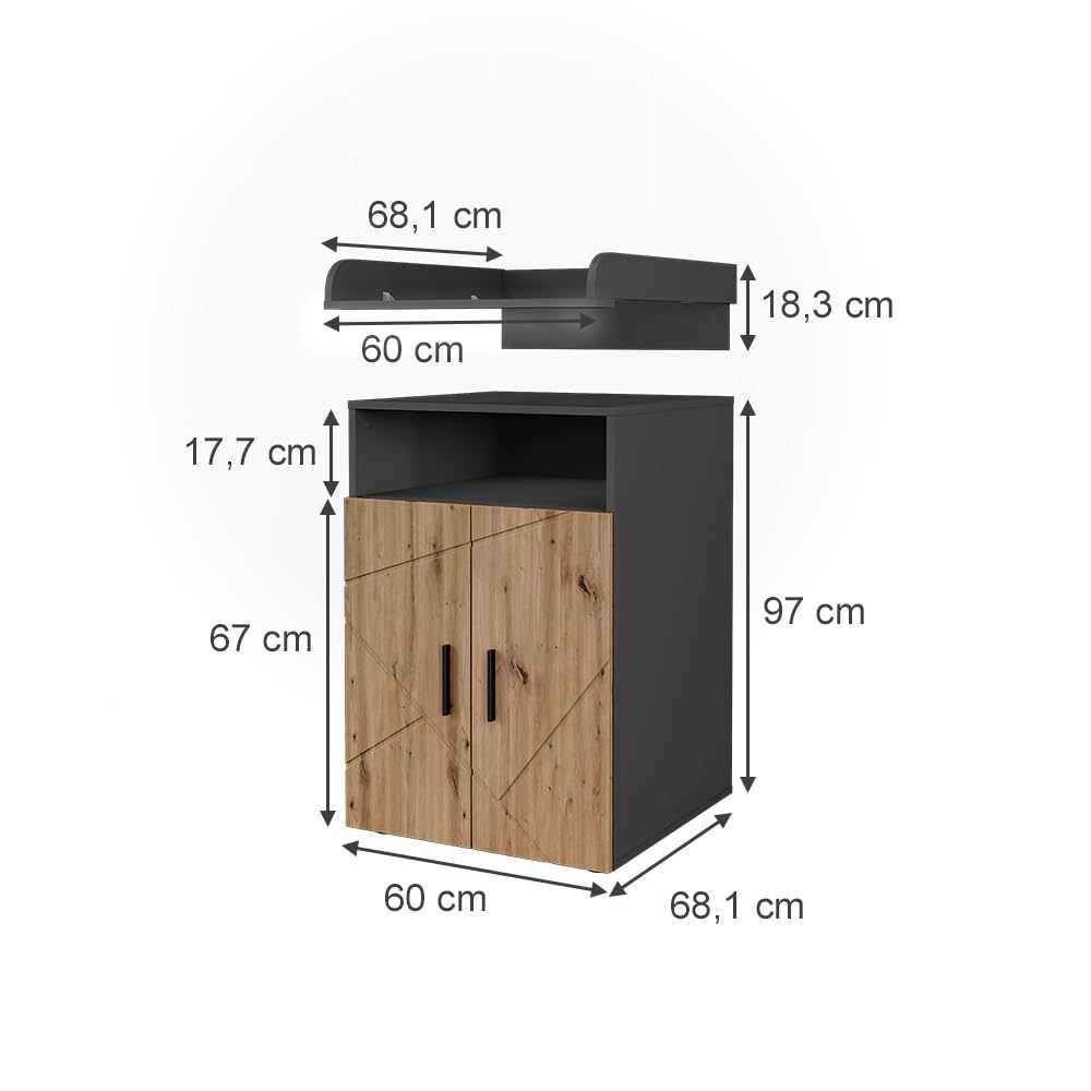 Vicco Wickelkommode Irma Anthrazit Goldkraft Eiche 60 x 97 cm mit Wickelaufsatz