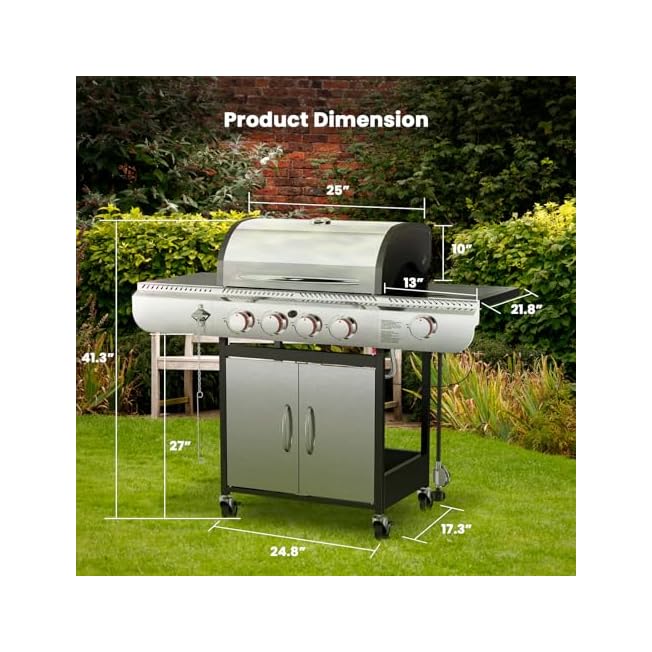 4-Burner Gas BBQ Grill with Side Burner, Porcelain-Enameled Cast Iron Grates, Baking Pan, 42,000 BTU Stainless Steel Propane Grill