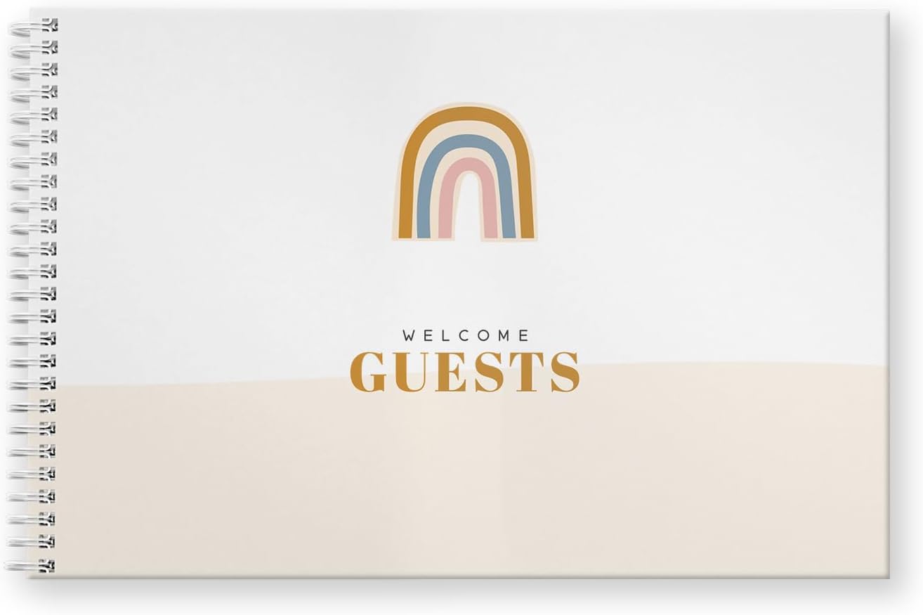 Canopy Street Hardcover Modern Boho Rainbow Guestbook / 120 Lined Guest Signature Pages Inside / 5.5" x 8.5" Landscape Lay Flat Baby Shower All Occasion Guest Book/White Metal Spiral Binding