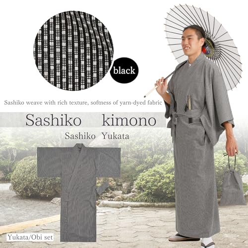 [Edoen] Japan YUKATA Kimono quilted Sashiko Men's Black M - Thumbnail 2