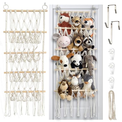 HuuppHip Rangement Peluche,Style BohèMe 4 Couches Range Filet Peluche Filet Suspendu Avec Crochets à Clous pour Chambre D'enfant et Chambre à Coucher, Décoration Intérieure