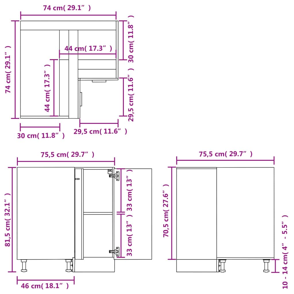 vidaXL Meuble d’Angle Lyon, 75,5x75,5x81,5 cm, Bois reconstitué, Blanc, Rangement Salle de Bain & Cuisine, Placard sous évier, Fixation Murale, Organisateur Maison
