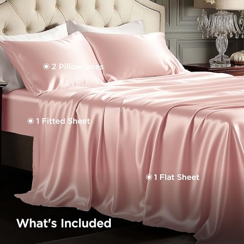 Image of Bedsure Pink Satin Sheets King Size, Soft Silky Bedsheets for Hair & Skin | Similar to Silk Bed Sheets Set 4 Piece with 15 Inches Deep Pocket Fitted Sheet,1 Flat Sheet, 2 Satin Pillowcases