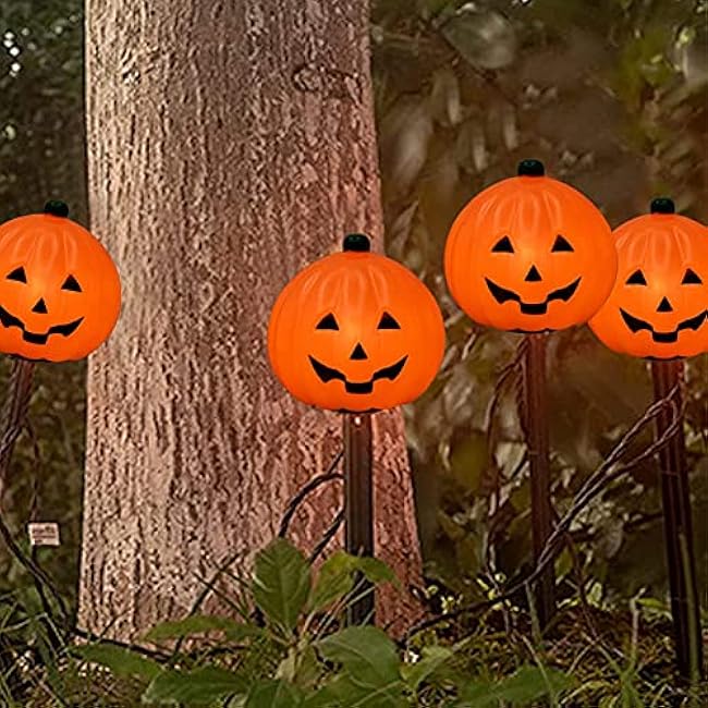 Halloween Pumpkin Pathway Markers Lights Outdoor, 7Ft Connectable C7 Halloween Decorations Pathway String Lights with 4 Pumpkin Stakes Lights for Outdoor Garden Walkway Yard Driveway Lawn Party Decor