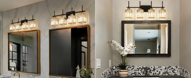 Image of Torondo Modern Crystal Bathroom Vanity Light 4-Lights Gold Bathroom Light Fixtures Over Mirror Black and Gold Vanity Lighting Fixtures Gold Square Shade Brass Wall Sconce (Bulbs Not Include)
