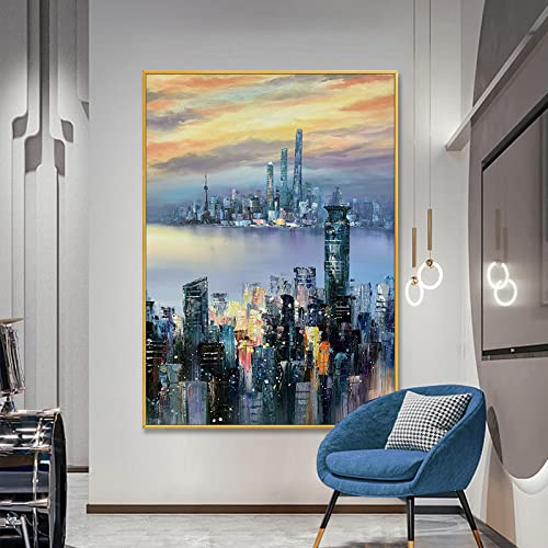Peinture à l'huile sur toile luxe d'une architecture de nuit moderne fait main