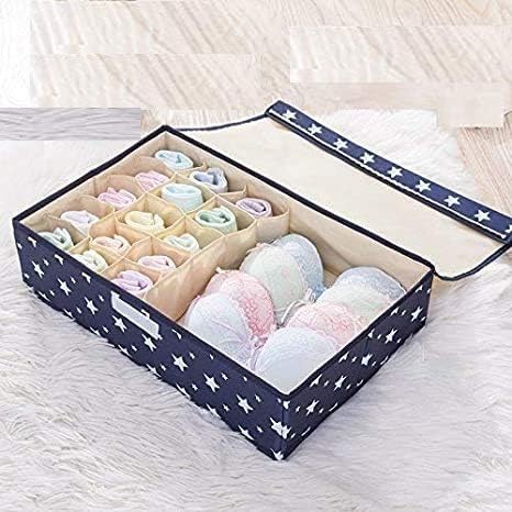 House of Quirk Innerwear Organizer 16+1 Compartment Non-Smell Non Woven Foldable Fabric Storage Box For Closet (44 X 28 X 12 Cm Dark Blue Star, Rectangular), Clothing