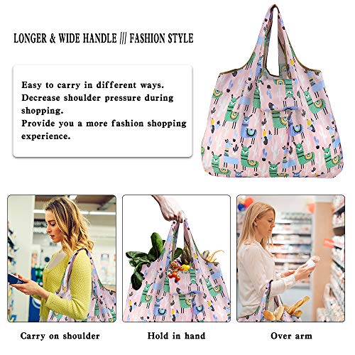Ravmix 5-Pack Reusable Shopping Bags 55LBS XX-Large Foldable Washable Grocery Bags Heavy Duty Cloth Shopping Bags Tote Ripstop Fits in Pocket, Cute Cat Dog Owl Cactus Printing