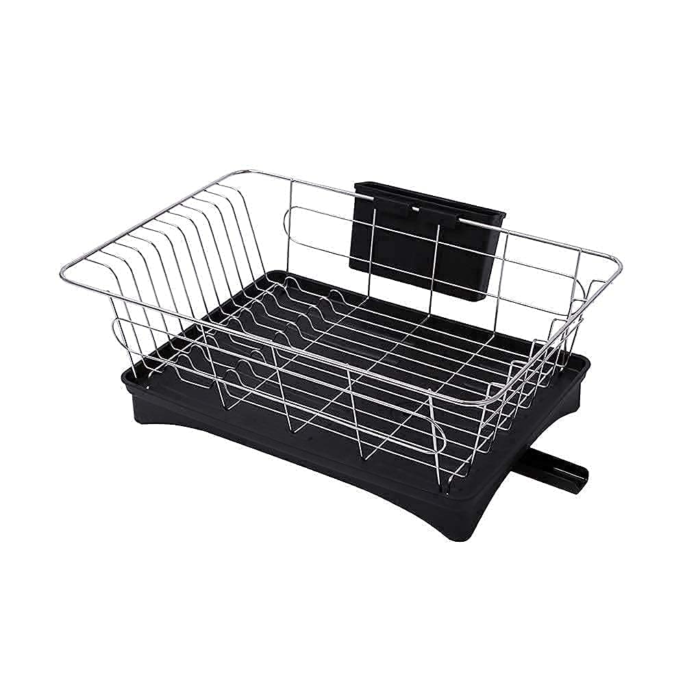 Scolapiatti e portaposate con Vassoio raccogligocce in Acciaio Inox sopra Il lavello, scolapiatti nel lavello o sul bancone, Design Moderno, ordinato (Nero, Taglia Unica)