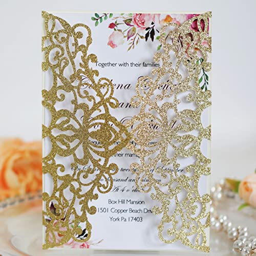 Tarjetas de invitación de boda plateadas con elegante encaje corte láser 4